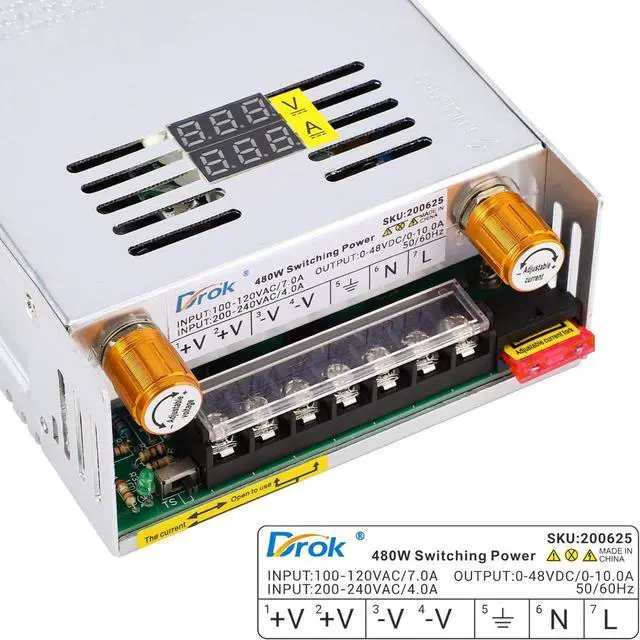 Alt view image 4 of 7 - DROK 48V Power Supply, AC 110V/220V to DC 0-48V 0-10A 480W Buck Converter, Volt Amp Adjustable Adapter Regulated 5V 12V 24V 30V 36V 48V Volt Switching Voltage LED Transformer Charger for Computer
