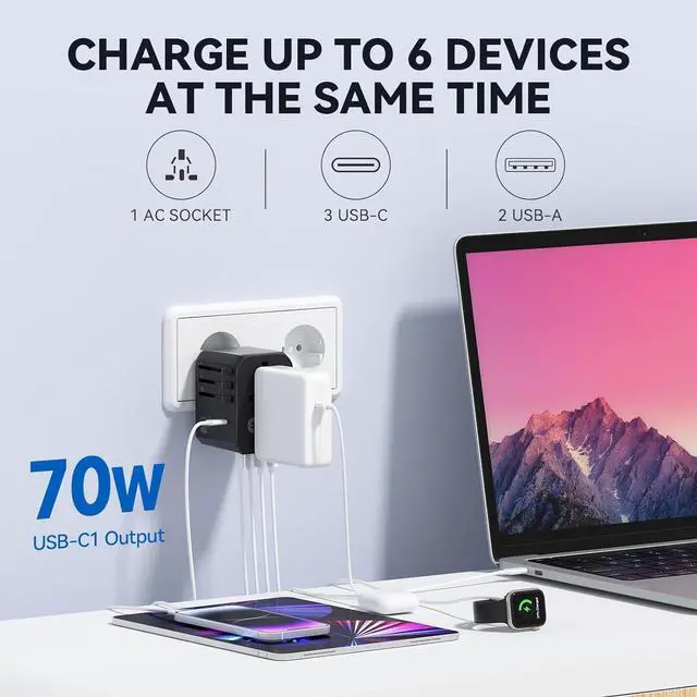 Alt view image 6 of 7 - Unidapt Universal Travel Adapter, 70W International Plug Adapter with 3 USB-C PD Fast Charging & 2 USB-A Quick Charger Worldwide Adaptor for USA EU UK AUS Black (JY305-MAX)