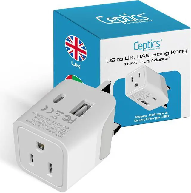 Main image of Ceptics UK Travel Adapter Plug - with 2 USB + USA Socket Input - Type G - Ultra Compact - Safe Grounded Perfect for Cell Phones, Laptops, Camera Chargers