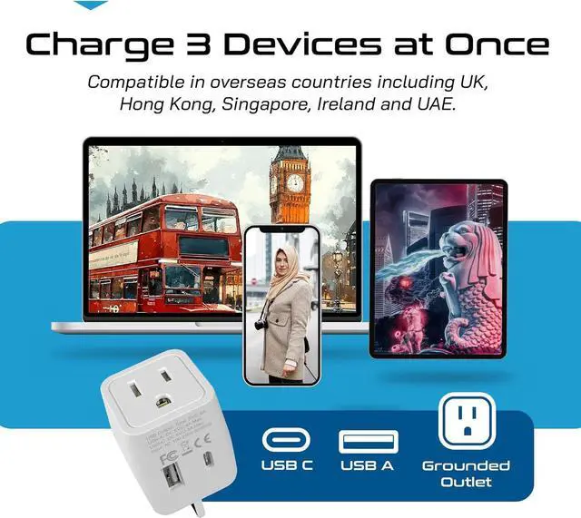 Alt view image 2 of 7 - Ceptics UK Travel Adapter Plug - with 2 USB + USA Socket Input - Type G - Ultra Compact - Safe Grounded Perfect for Cell Phones, Laptops, Camera Chargers