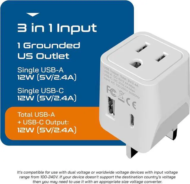 Alt view image 4 of 7 - Ceptics UK Travel Adapter Plug - with 2 USB + USA Socket Input - Type G - Ultra Compact - Safe Grounded Perfect for Cell Phones, Laptops, Camera Chargers