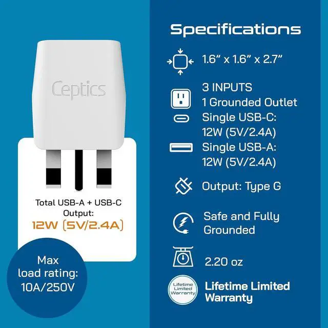 Alt view image 6 of 7 - Ceptics UK Travel Adapter Plug - with 2 USB + USA Socket Input - Type G - Ultra Compact - Safe Grounded Perfect for Cell Phones, Laptops, Camera Chargers