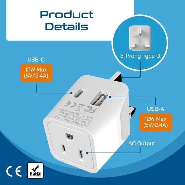 Alt view image 5 of 7 - Ceptics UK Travel Adapter Plug - with 2 USB + USA Socket Input - Type G - Ultra Compact - Safe Grounded Perfect for Cell Phones, Laptops, Camera Chargers