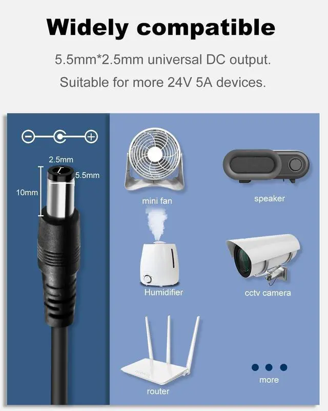 Alt view image 5 of 6 - 24V 5A AC DC Power Supply Adapter, 120W AC Adapter, 100-240V 50-60Hz AC to DC 24 Volt 5 Amp Power Cord, 5.5mm x 2.5mm Barrel Plug, 24VDC Power Supply Transformer