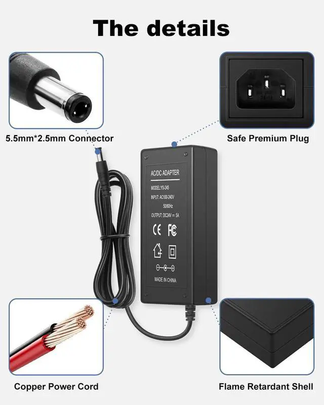 Alt view image 3 of 6 - 24V 5A AC DC Power Supply Adapter, 120W AC Adapter, 100-240V 50-60Hz AC to DC 24 Volt 5 Amp Power Cord, 5.5mm x 2.5mm Barrel Plug, 24VDC Power Supply Transformer