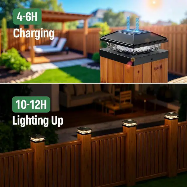 Alt view image 2 of 6 - Post Cap Lights 8pack, 4x4 Deck Fence Post Solar Lights Outdoor with Warm White Lighting,Black Waterproof Solar Post Lights for Vinyl/Wood Posts to Decorate Fence, Deck,Garden, Patio