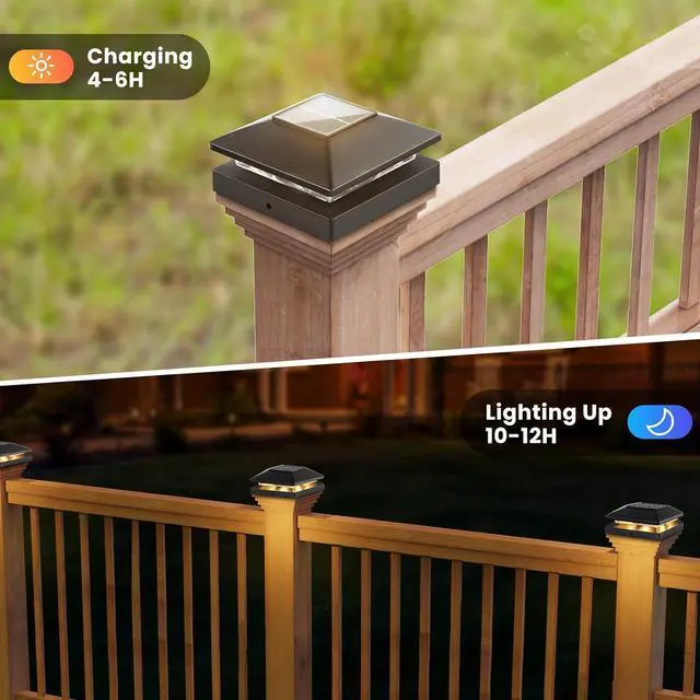 Alt view image 2 of 6 - Solar Post Cap Lights Outdoor 8pack, Black Waterproof Solar Powered Deck Fence Post Lights Fit 4x4 Wood/Vinyl Posts, Bright Warm White Solar Post Lights Decorate Deck, Patio, Porch, Fence