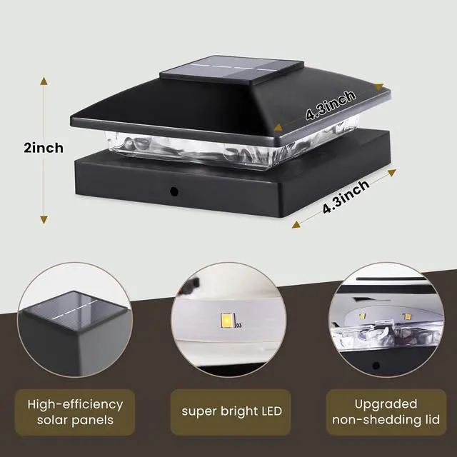 Alt view image 4 of 6 - Solar Post Cap Lights Outdoor 8pack, Black Waterproof Solar Powered Deck Fence Post Lights Fit 4x4 Wood/Vinyl Posts, Bright Warm White Solar Post Lights Decorate Deck, Patio, Porch, Fence