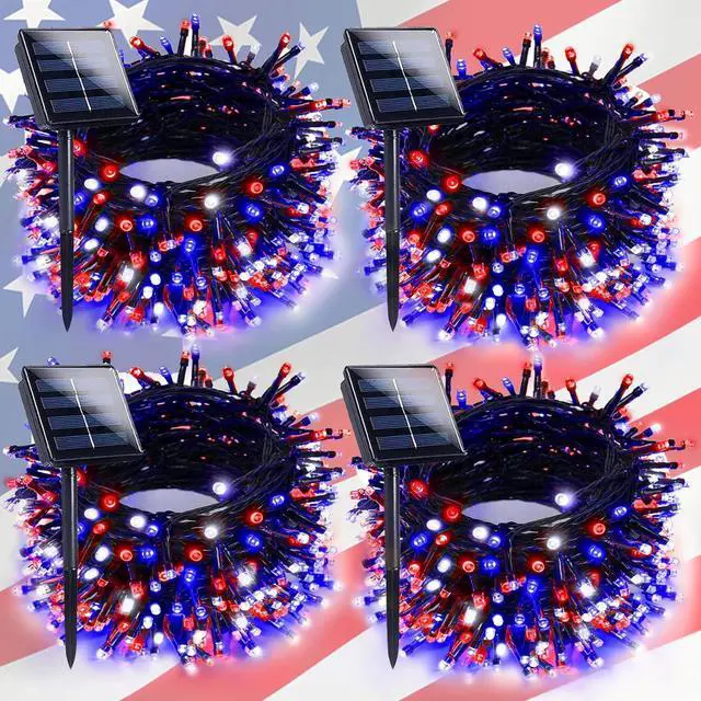 4th of July Decorations Outdoor, 4pk Red White and Blue Solar String Lights, 400LED 132FT LED Patriotic Light Waterproof, Solar Fairy Twinkle Light for Independence Day Yard Garden Tree Decorations