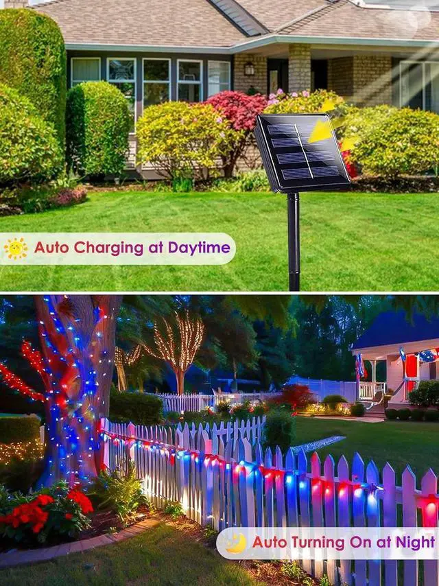 Alt view image 3 of 7 - 4th of July Decorations Outdoor, 4pk Red White and Blue Solar String Lights, 400LED 132FT LED Patriotic Light Waterproof, Solar Fairy Twinkle Light for Independence Day Yard Garden Tree Decorations