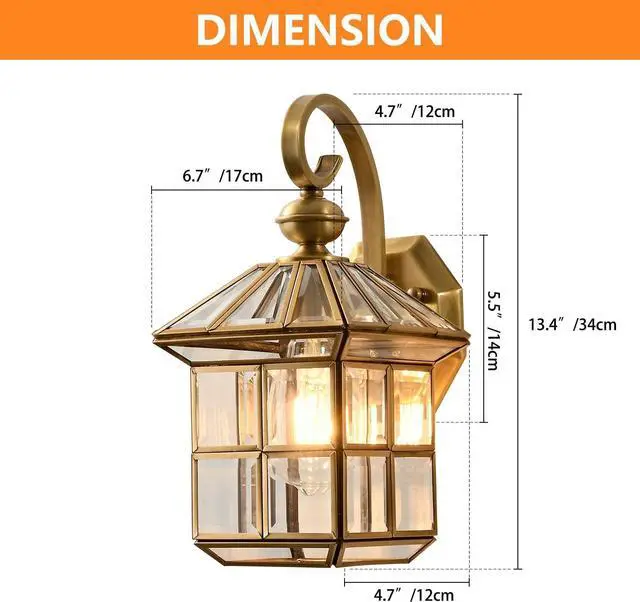 Alt view image 3 of 7 - Milaii Copper Brass Outdoor Wall Lights,13.4" Exterior Lantern Light Fixture Waterproof Anti-Rust Wall Mount Lamp with Clear Glass E26 Socket Porch Light for Garage Entryway Patio Balcony