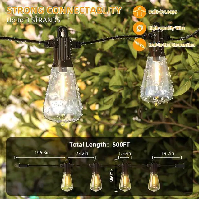 Alt view image 3 of 7 - FOOMAN LED Outdoor String Lights, 500FT Outside Waterproof Hanging Patio Lights with 250+10 Shatterproof ST38 Edison Bulbs, 2700K Warm White, Dimmable Light for Back Yard Porch Party Gazebo Bistro