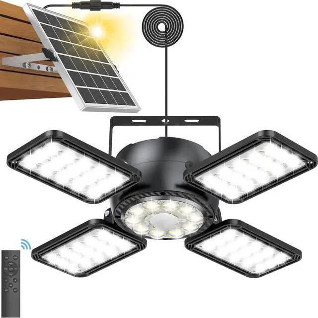 Main image of Solar Shed Light Outdoor Indoor Upgrade 1200LM 174LED 4 and 1 Heads Motion Sensor Pendant Light, Solar Lights with 5 Lighting Modes Remote Control IP65 Waterproof for Barn Patio Gazebo Shop