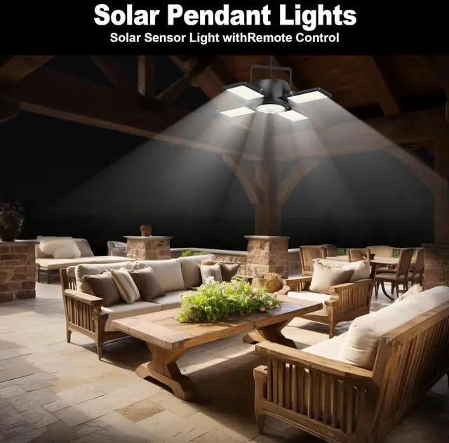 Alt view image 3 of 7 - Solar Shed Light Outdoor Indoor Upgrade 1200LM 174LED 4 and 1 Heads Motion Sensor Pendant Light, Solar Lights with 5 Lighting Modes Remote Control IP65 Waterproof for Barn Patio Gazebo Shop