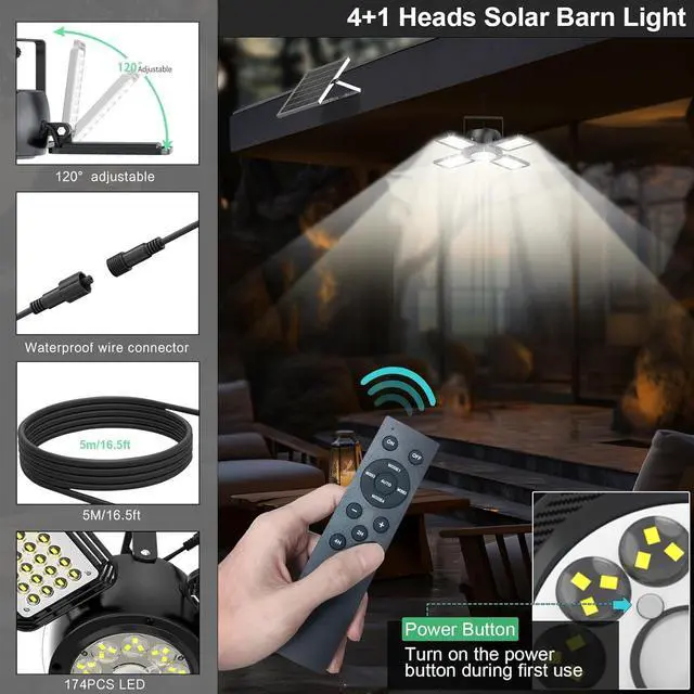Alt view image 4 of 7 - Solar Shed Light Outdoor Indoor Upgrade 1200LM 174LED 4 and 1 Heads Motion Sensor Pendant Light, Solar Lights with 5 Lighting Modes Remote Control IP65 Waterproof for Barn Patio Gazebo Shop