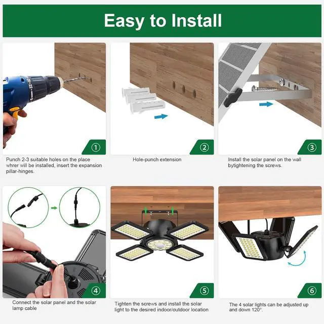 Alt view image 6 of 7 - Solar Shed Light Outdoor Indoor Upgrade 1200LM 174LED 4 and 1 Heads Motion Sensor Pendant Light, Solar Lights with 5 Lighting Modes Remote Control IP65 Waterproof for Barn Patio Gazebo Shop