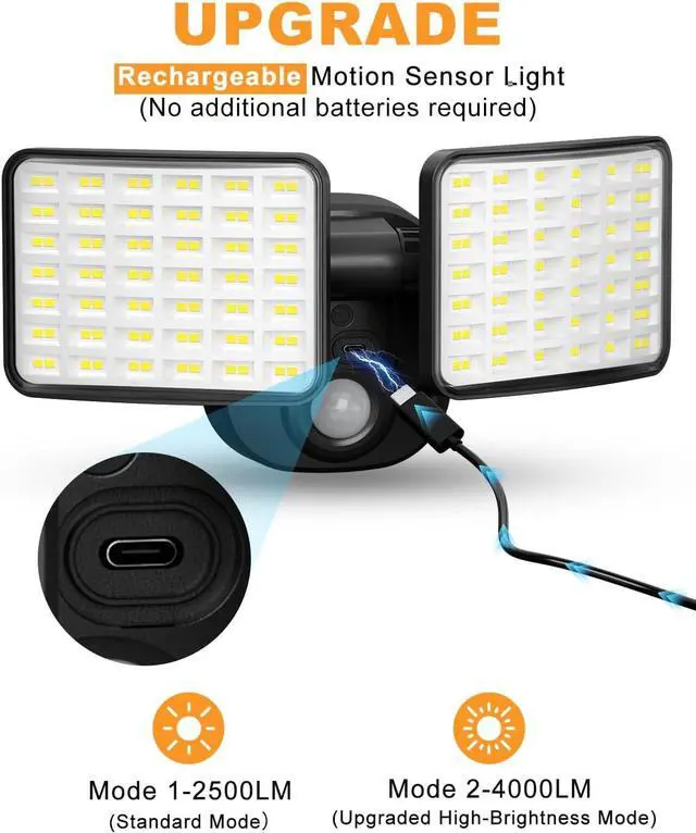 Alt view image 2 of 7 - Rechargeable Battery Motion Light, 2500LM & 4000LM Dual Modes Motion Sensor Security Lights, USB Charging Wireless Flood Light Battery Powered, LED Outdoor Lights for Garage,Yard,Porch,Shed