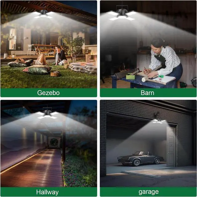Alt view image 7 of 7 - Solar Shed Light Outdoor Indoor Upgrade 1200LM 174LED 4 and 1 Heads Motion Sensor Pendant Light, Solar Lights with 5 Lighting Modes Remote Control IP65 Waterproof for Barn Patio Gazebo Shop