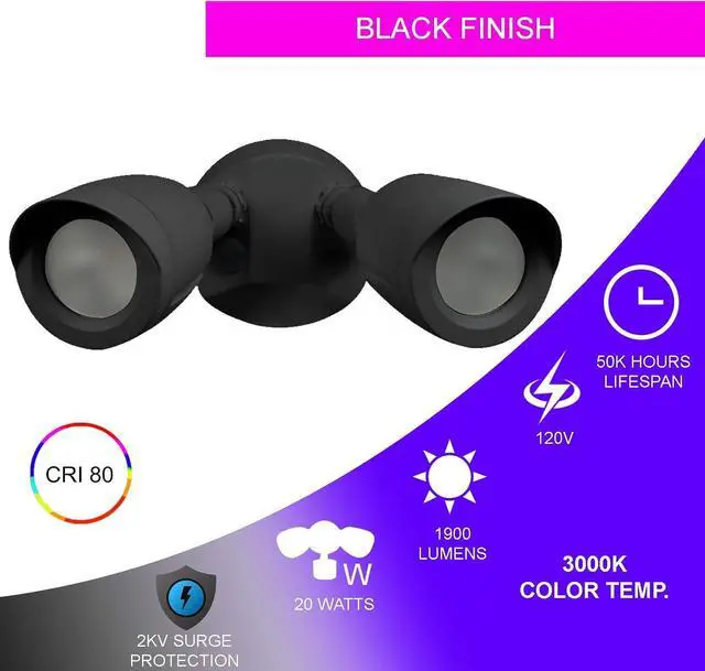 Alt view image 7 of 7 - Ciata Flood Lights Outdoor, 20-Watt LED Bullet Head Security Flood Lights, Dual Head, RoHS and FCC Complaint, IP65 Rated, 1900 Lumens, 2KV Surge Protection, Die-Cast Aluminum in Black Finish  3000K