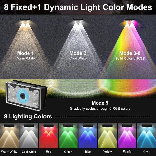 Alt view image 4 of 7 - Solar Fence Lights Outdoor 8 Pack, Warm White & Cool White & 6 Colored+RGB Color Changing, High Brightness LED Spot Lens Deck Lights Dusk to Dawn for Backyard Stair Railing Patio Wall, IP65 Waterproof