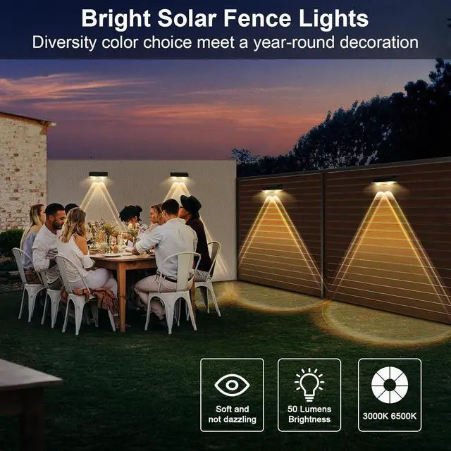 Alt view image 5 of 7 - Solar Fence Lights Outdoor 8 Pack, Warm White & Cool White & 6 Colored+RGB Color Changing, High Brightness LED Spot Lens Deck Lights Dusk to Dawn for Backyard Stair Railing Patio Wall, IP65 Waterproof