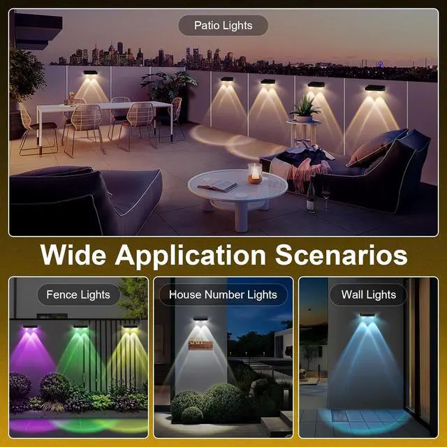 Alt view image 7 of 7 - Solar Fence Lights Outdoor 8 Pack, Warm White & Cool White & 6 Colored+RGB Color Changing, High Brightness LED Spot Lens Deck Lights Dusk to Dawn for Backyard Stair Railing Patio Wall, IP65 Waterproof