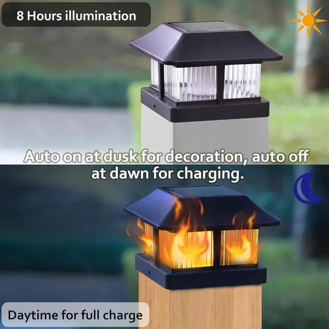 Alt view image 4 of 7 - Dynaming Solar Flame Post Cap Lights Outdoor, Solar Powered Fence Post Light, Flickering Flame LED Lantern Lamps Waterproof for Garden Deck Patio, Fit 4x4 Wooden/Vinyl Posts, 8 Pack