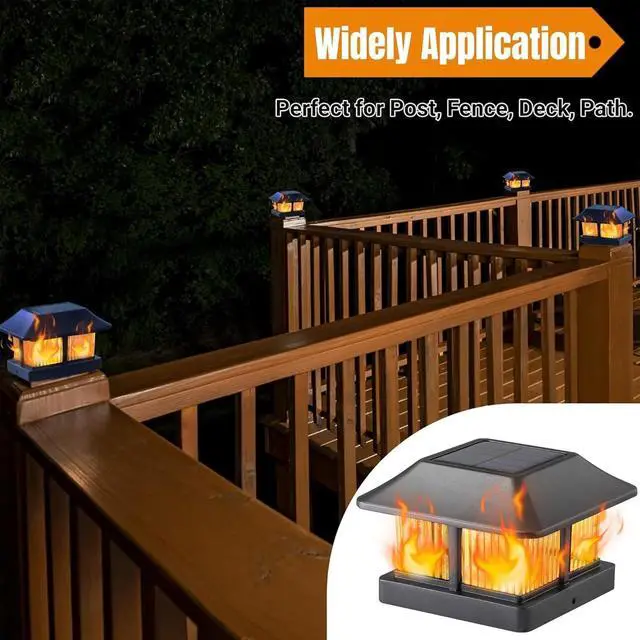 Alt view image 7 of 7 - Dynaming Solar Flame Post Cap Lights Outdoor, Solar Powered Fence Post Light, Flickering Flame LED Lantern Lamps Waterproof for Garden Deck Patio, Fit 4x4 Wooden/Vinyl Posts, 8 Pack