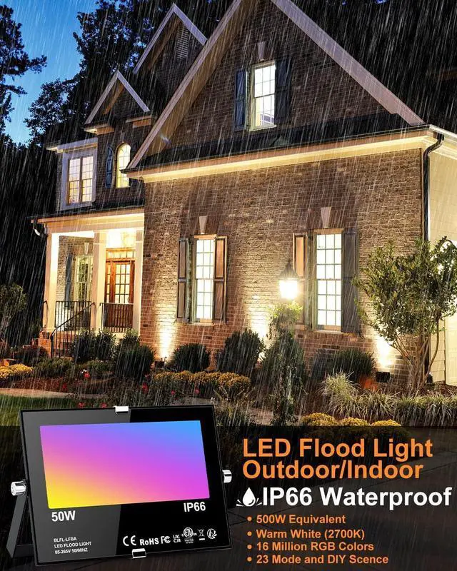 Alt view image 2 of 7 - ChangM LED Flood Light Outdoor 500W Equivalent,Bluetooth RGB Flood Lights with APP Control, DIY Scenes,IP66 Waterprooof,Timing,Warm White 2700K Color Uplight