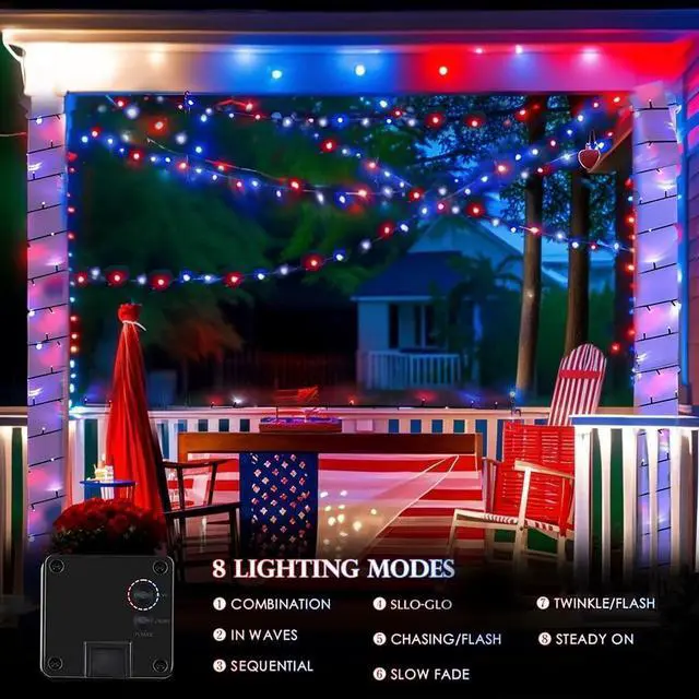 Alt view image 2 of 7 - 4th of July Decorations Outdoor, 4pk Red White and Blue Solar String Lights, 400LED 132FT LED Patriotic Light Waterproof, Solar Fairy Twinkle Light for Independence Day Yard Garden Tree Decorations