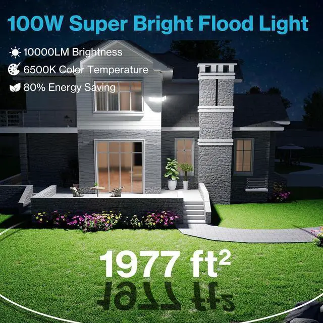 Alt view image 2 of 7 - Olafus 100W Flood Light Outdoor 2 Pack, Switch Controlled 10000LM, 6500K LED Security Floodlight with 5 Adjustable Head, IP65 Waterproof Wired for House Yard White