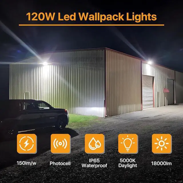 Alt view image 2 of 6 - 120W LED Wall Pack Light with Dusk to Dawn Photocell 18,000LM(150LM/W) Wall Mount Flood Light Outdoor IP65 Waterproof 5000K Led Security Commercial Area Lighting for Yard, Garage, Barn