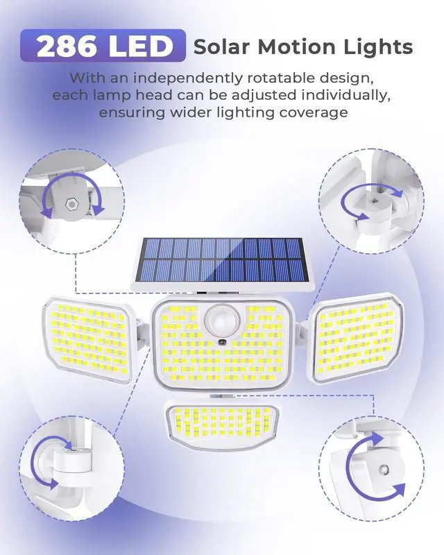 Alt view image 2 of 7 - 286 LED Solar Motion Lights Outdoor 2 Pack, 4 Heads Solar Security Lights Waterproof IP65 Waterproof Motion Sensor Light with Remote Control, 3 Modes Flood Light for Garage Yard White
