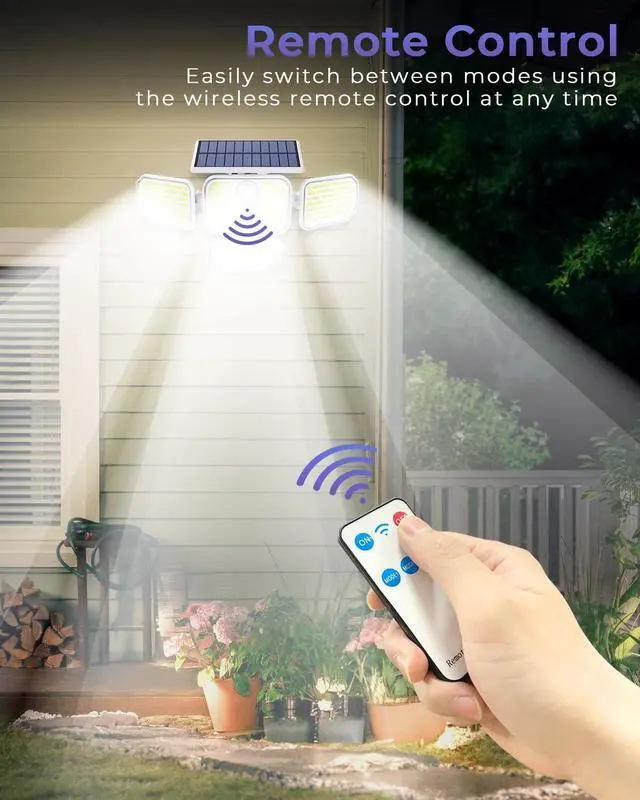 Alt view image 3 of 7 - 286 LED Solar Motion Lights Outdoor 2 Pack, 4 Heads Solar Security Lights Waterproof IP65 Waterproof Motion Sensor Light with Remote Control, 3 Modes Flood Light for Garage Yard White