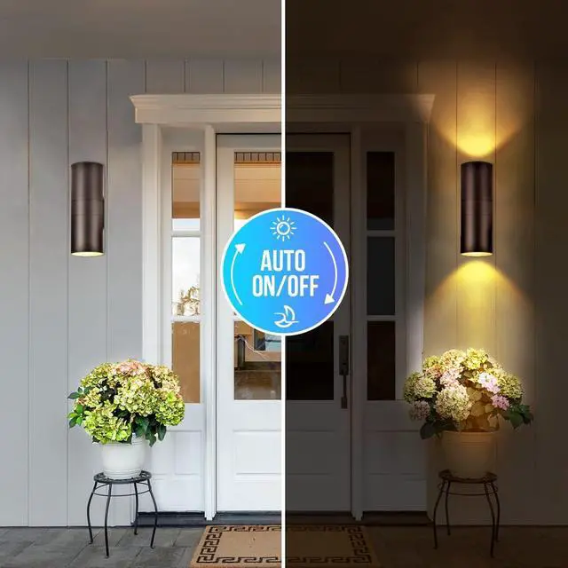 Alt view image 2 of 7 - wowlite Modern Outdoor Wall Light with Dusk to Dawn Sensor 2 Pack, LED Cylinder Up Down Wall Light Outdoor 2700K Warmlight Bronze Exterior Light Fixture, IP65 Waterproof Wall Sconce for Porch Garage
