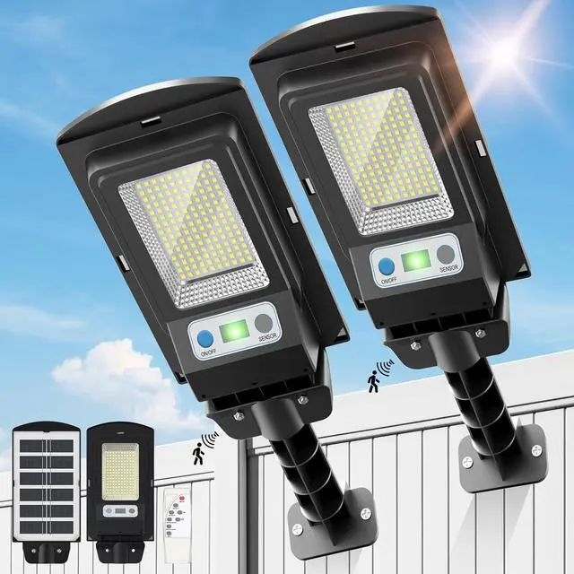 Main image of Solar Lights Outdoor, IP66 Waterproof Motion Sensor Powered Solar Street Light, 6500K Dusk to Dawn LED Flood Light with Remote Control, Commercial Area Lighting for Yard Parking Lot (2 Pack)