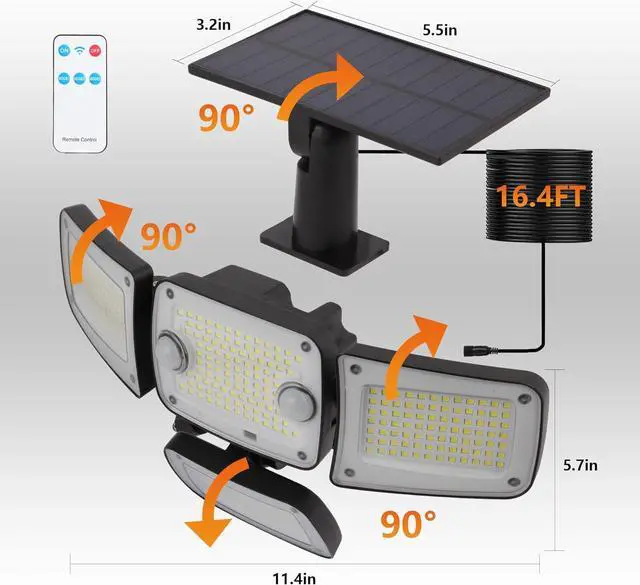 Alt view image 6 of 7 - Solar Outdoor Lights, 3000LM 4 Heads LED Floodlights, Remote Control Solar Motion Dual Sensors Security Lights, IP65 Waterproof Wall Lights for House, Patio, Fence, Garden, Yard, Garage