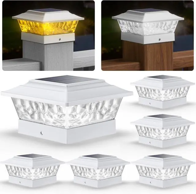 Main image of SIEDiNLAR Solar Post Lights Outdoor 12 LEDs 4 Modes Post Cap Light for 4x4 5x5 6x6 Vinyl Wooden Deck Fence Posts Garden Patio Decor, Warm/Cool White Dynamic Lighting (6 Pack, White)