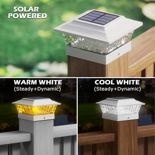 Alt view image 2 of 6 - SIEDiNLAR Solar Post Lights Outdoor 12 LEDs 4 Modes Post Cap Light for 4x4 5x5 6x6 Vinyl Wooden Deck Fence Posts Garden Patio Decor, Warm/Cool White Dynamic Lighting (6 Pack, White)