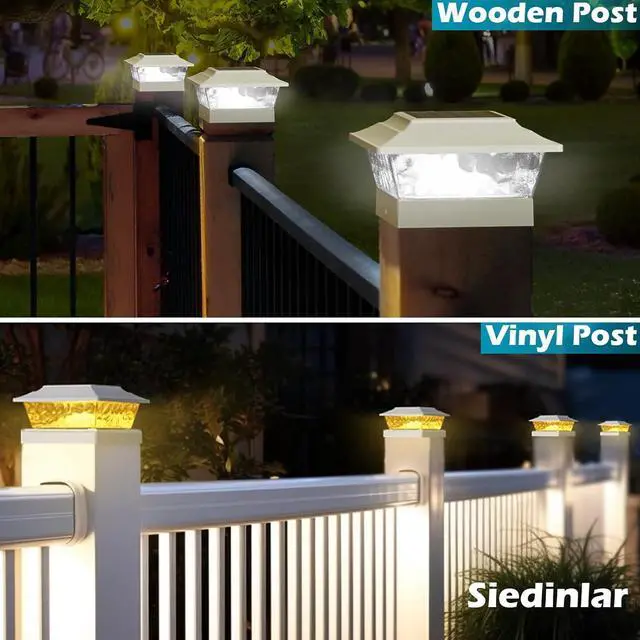 Alt view image 3 of 6 - SIEDiNLAR Solar Post Lights Outdoor 12 LEDs 4 Modes Post Cap Light for 4x4 5x5 6x6 Vinyl Wooden Deck Fence Posts Garden Patio Decor, Warm/Cool White Dynamic Lighting (6 Pack, White)