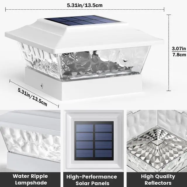 Alt view image 4 of 6 - SIEDiNLAR Solar Post Lights Outdoor 12 LEDs 4 Modes Post Cap Light for 4x4 5x5 6x6 Vinyl Wooden Deck Fence Posts Garden Patio Decor, Warm/Cool White Dynamic Lighting (6 Pack, White)