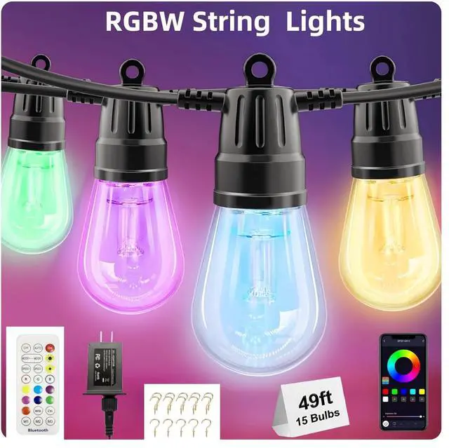 Alt view image 2 of 7 - Outdoor String Lights, 49FT RGB Patio Lights with IP66 Waterproof 25 Bulbs,Outdoor String Lights for Outside with App & Remote, Color Changing String Light for Garden Yard Porch Party Decor