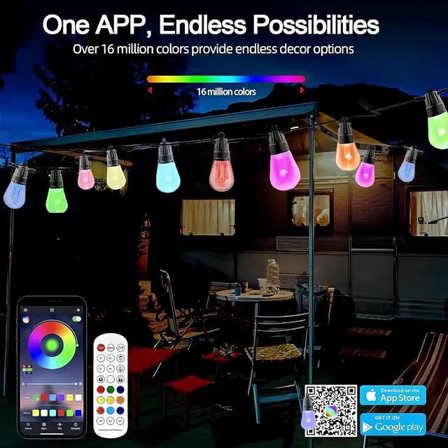 Alt view image 5 of 7 - Outdoor String Lights, 49FT RGB Patio Lights with IP66 Waterproof 25 Bulbs,Outdoor String Lights for Outside with App & Remote, Color Changing String Light for Garden Yard Porch Party Decor