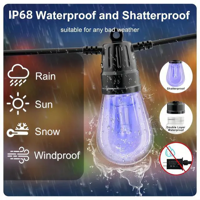 Alt view image 4 of 7 - Outdoor String Lights, 49FT RGB Patio Lights with IP66 Waterproof 25 Bulbs,Outdoor String Lights for Outside with App & Remote, Color Changing String Light for Garden Yard Porch Party Decor