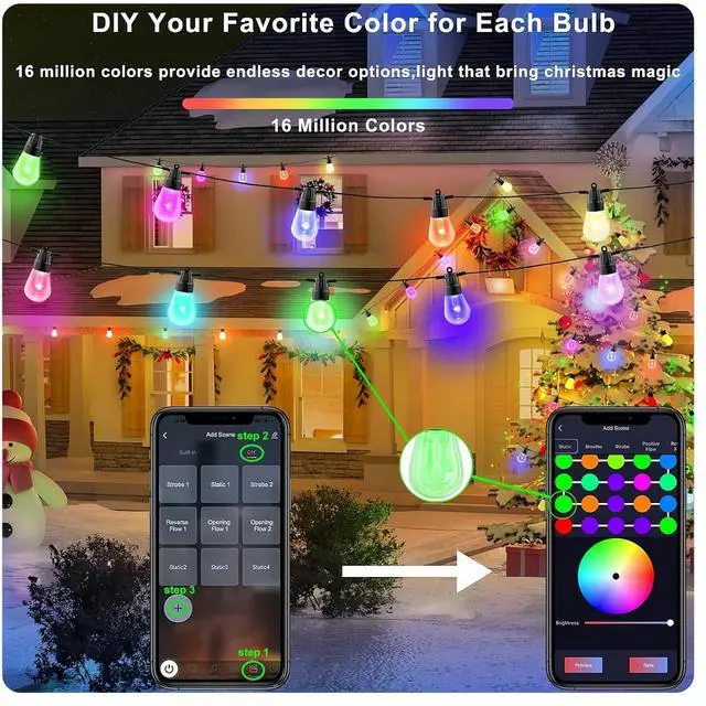 Alt view image 3 of 7 - Outdoor String Lights, 49FT RGB Patio Lights with IP66 Waterproof 25 Bulbs,Outdoor String Lights for Outside with App & Remote, Color Changing String Light for Garden Yard Porch Party Decor