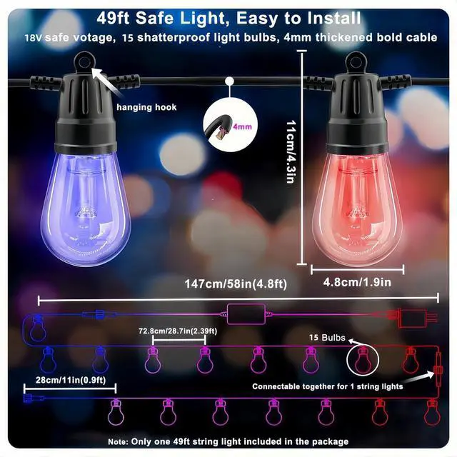 Alt view image 7 of 7 - Outdoor String Lights, 49FT RGB Patio Lights with IP66 Waterproof 25 Bulbs,Outdoor String Lights for Outside with App & Remote, Color Changing String Light for Garden Yard Porch Party Decor
