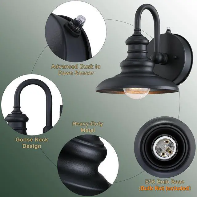 Alt view image 5 of 7 - LONEDRUID Dusk to Dawn Sensor Outdoor Wall Sconce Black Exterior Gooseneck Barn Light Fixtures Waterproof Farmhouse Wall Mount Porch Lighting Anti-Rust Outside Lantern for House Garage Entryway