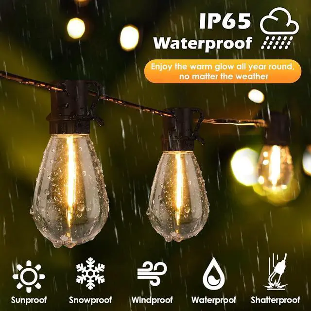 Alt view image 2 of 7 - 192FT(2x96FT) LED Outdoor String Lights, Patio Lights with 60+3 Shatterproof Waterproof 2700K Dimmable Bulbs, Linkable Light for Balcony-Black
