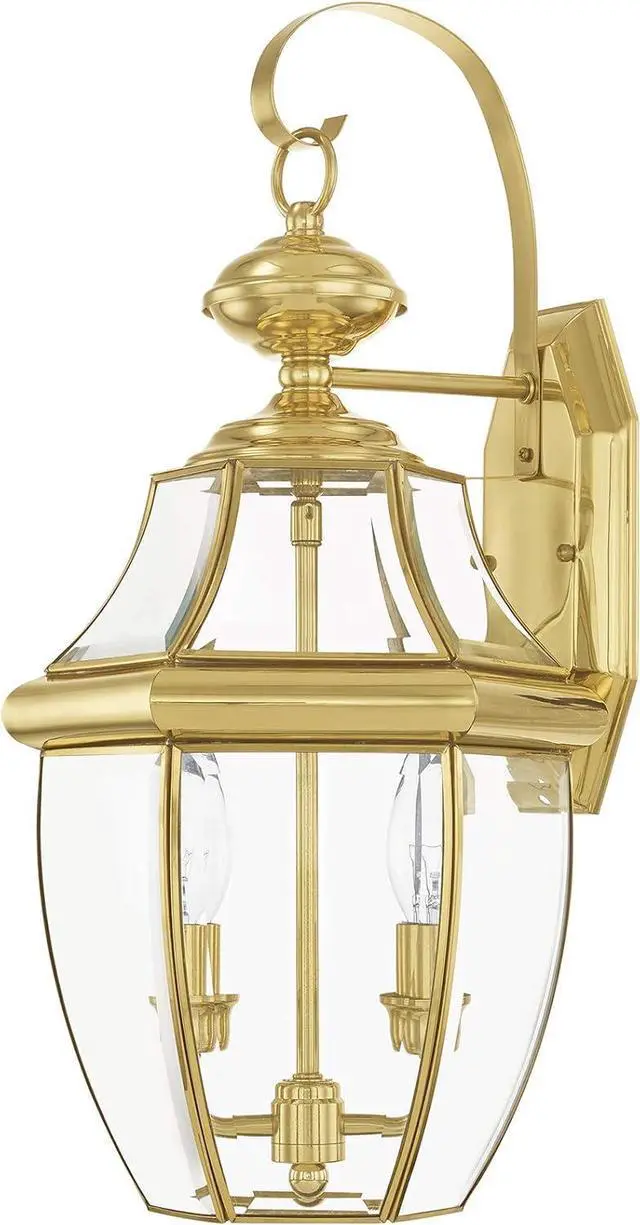 Alt view image 2 of 6 - Livex Lighting 2251-02 Monterey 2 Light Outdoor Polished Brass Finish Solid Brass Wall Lantern with Clear Beveled Glass, 20.25" x 10.5" x 10"