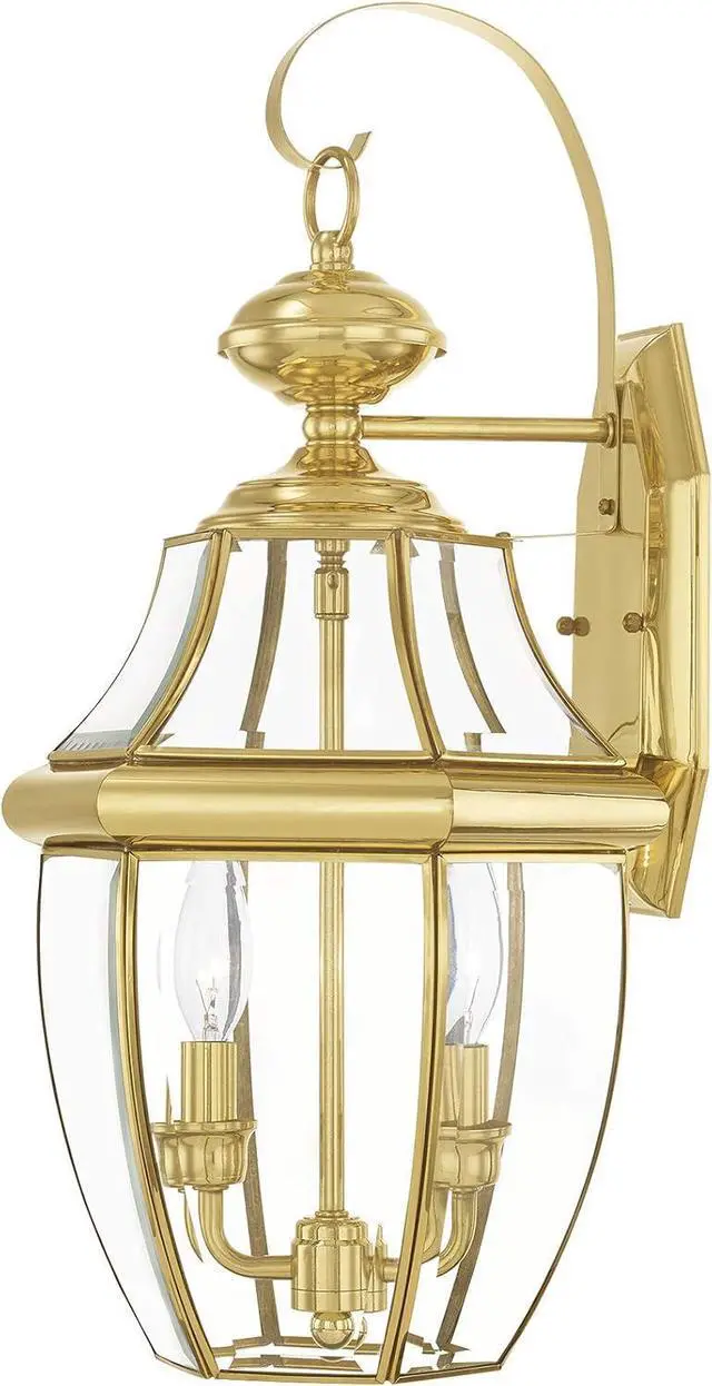 Alt view image 3 of 6 - Livex Lighting 2251-02 Monterey 2 Light Outdoor Polished Brass Finish Solid Brass Wall Lantern with Clear Beveled Glass, 20.25" x 10.5" x 10"